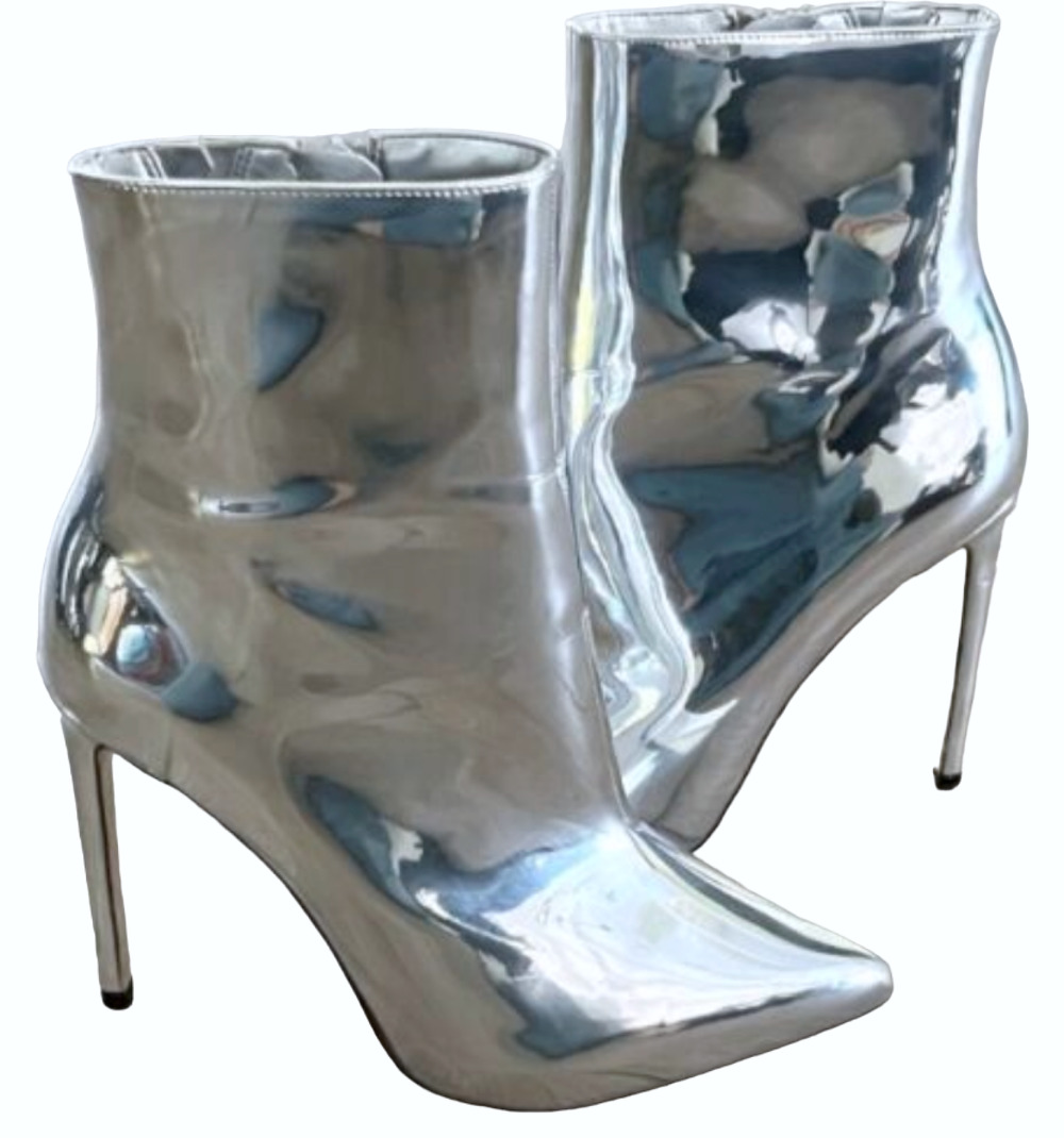 ALDO LORENI METALLIC CHROME SILVER STILETTO ANKLE BOOTS BOOTIE 6